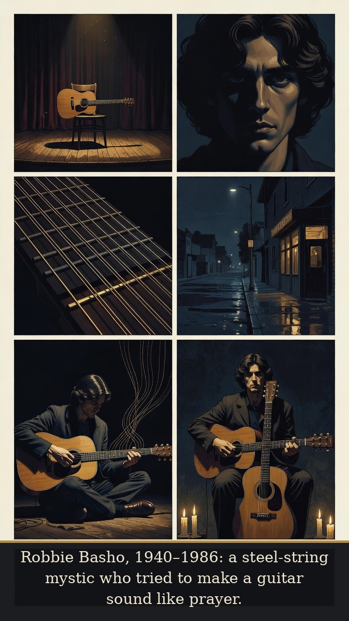 Page 1 of Robbie Basho: Robbie Basho: Raga Ghost - Robbie Basho is introduced as the 1940–1986 steel-string mystic whose guitar sounded like prayer.