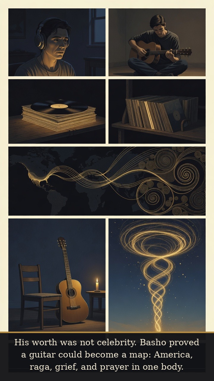 Page 7 of Robbie Basho: Robbie Basho: Raga Ghost - The final page states Basho’s worth: not celebrity, but a widened map for acoustic guitar and spiritual sound.