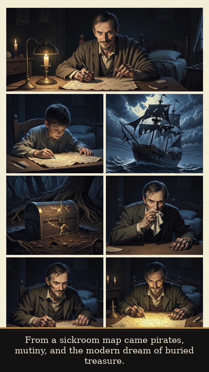 Page 4 of Robert Louis Stevenson: Robert Louis Stevenson: Lantern Lungs - Treasure Island grows from an unlabeled map into pirates, mutiny, ships, and the modern dream of buried treasure.
