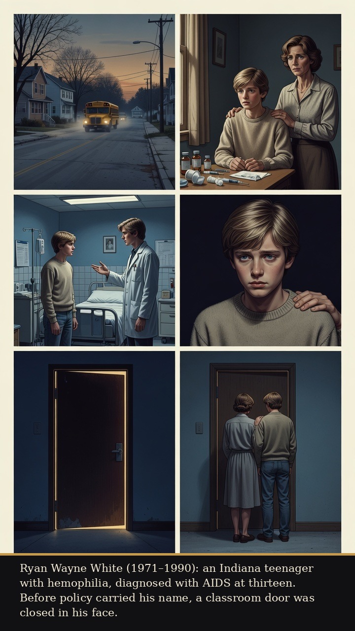 Page 1 of Ryan Wayne White: Ryan White: School Door - Ryan White is introduced as a boy with hemophilia whose AIDS diagnosis turns a classroom door into a public threshold.