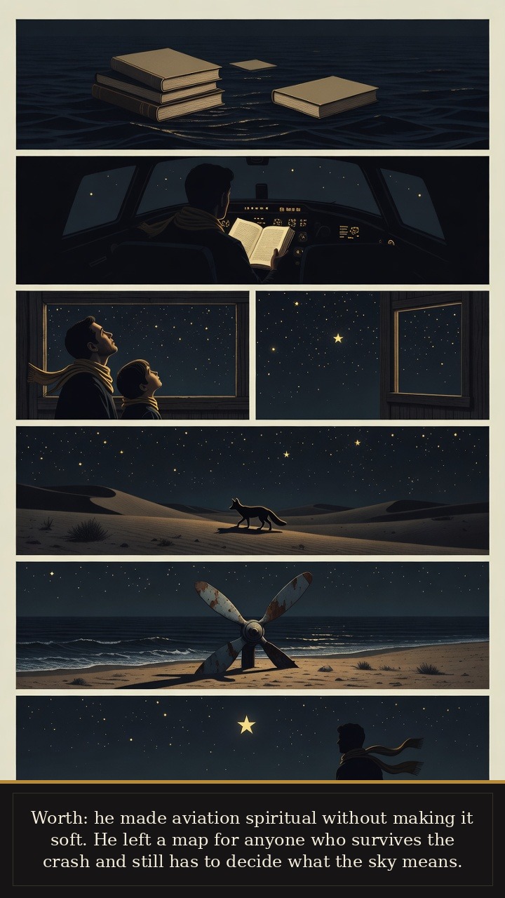 Page 7 of Antoine de Saint-Exupéry: Antoine de Saint-Exupéry: Desert Star - His worth is framed as aviation made spiritual: a map for those who survive the crash and still choose meaning.