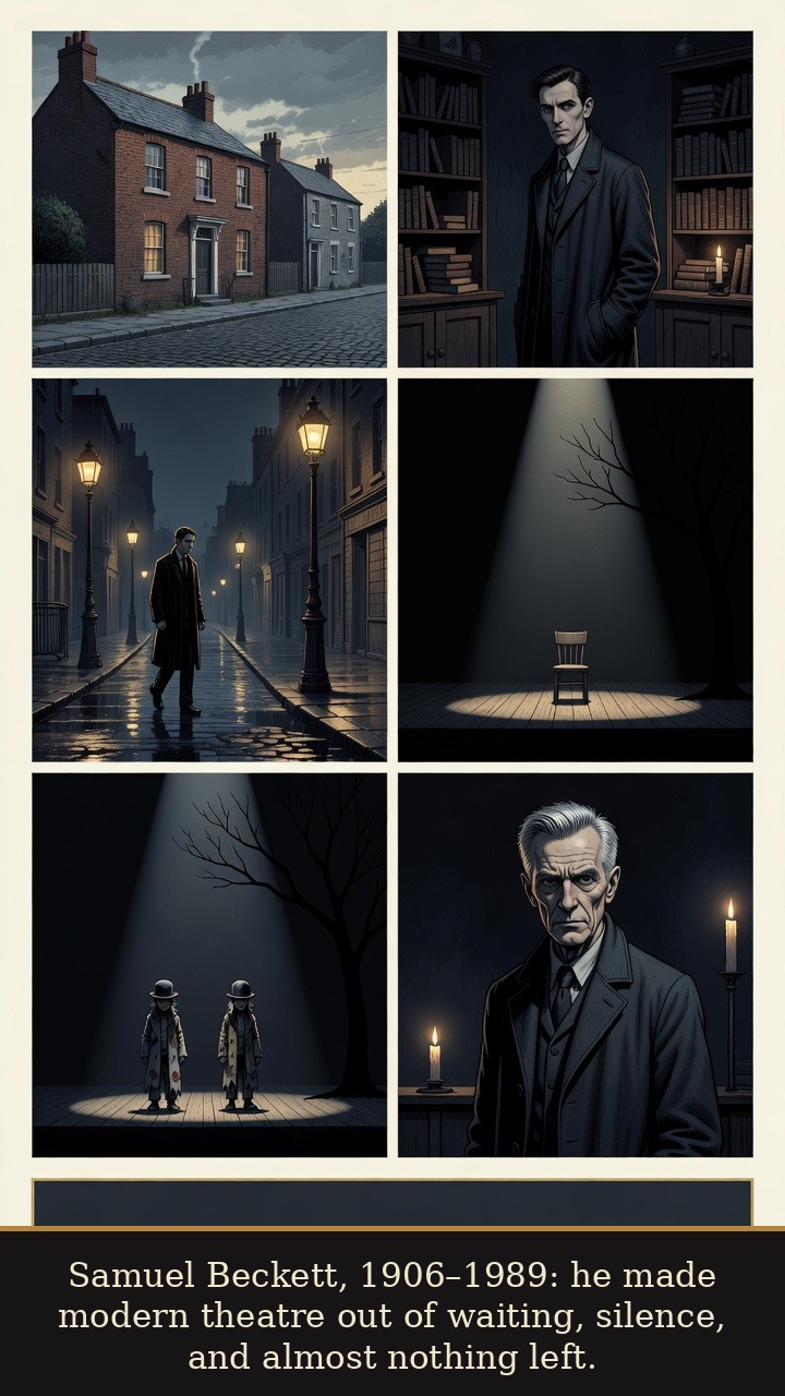Page 1 of Samuel Beckett: Samuel Beckett: Wound Waiting - Beckett is introduced as the 1906–1989 Irish writer who made waiting, silence, and minimal stage matter into modern theatre.