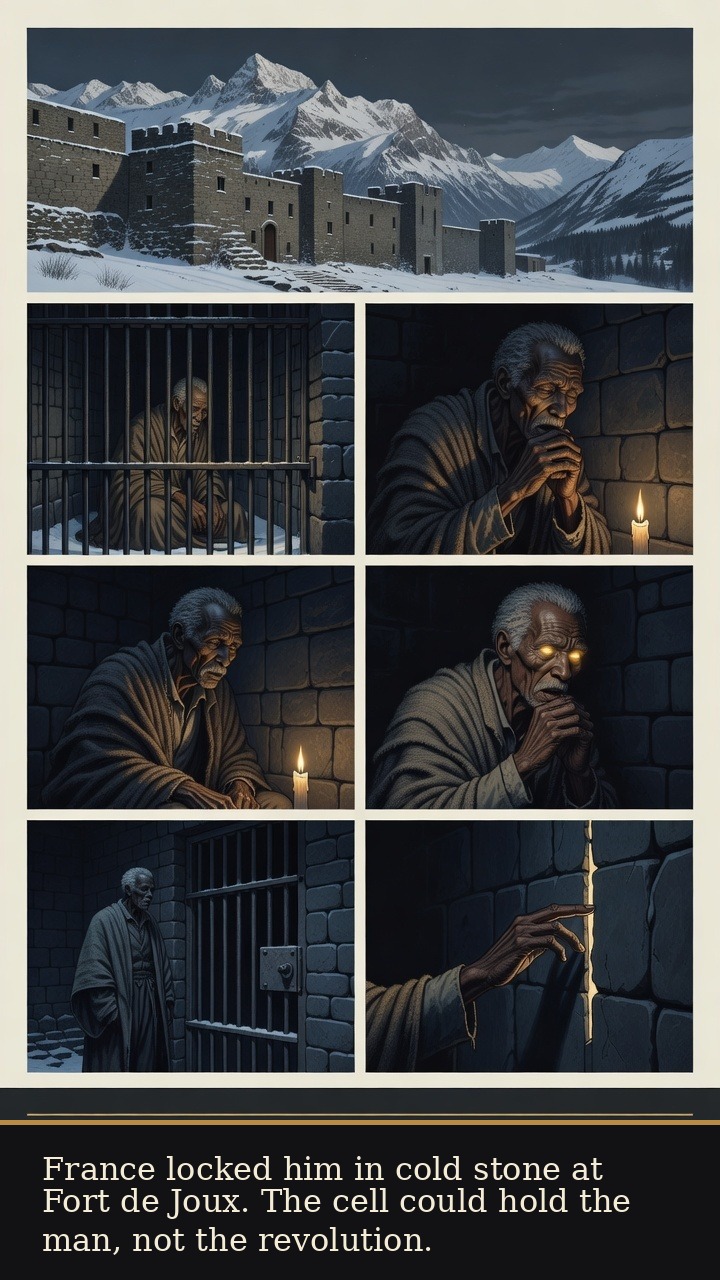 Page 6 of François-Dominique Toussaint Louverture: Toussaint Louverture: Open Gate - Fort de Joux becomes the cold stone cage where France tries to erase him.