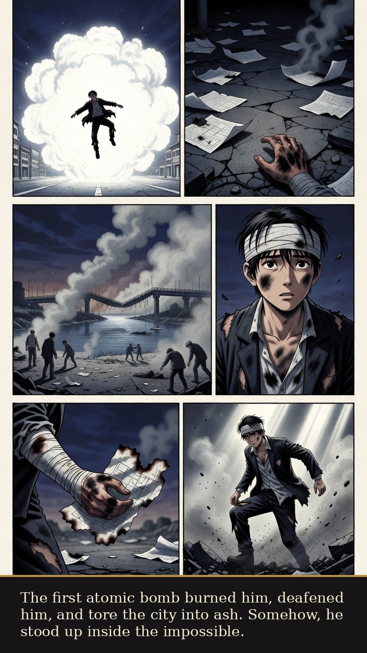 Page 2 of Tsutomu Yamaguchi: Tsutomu Yamaguchi: Double Light - The Hiroshima bombing burns and wounds him, yet he survives inside the ash.