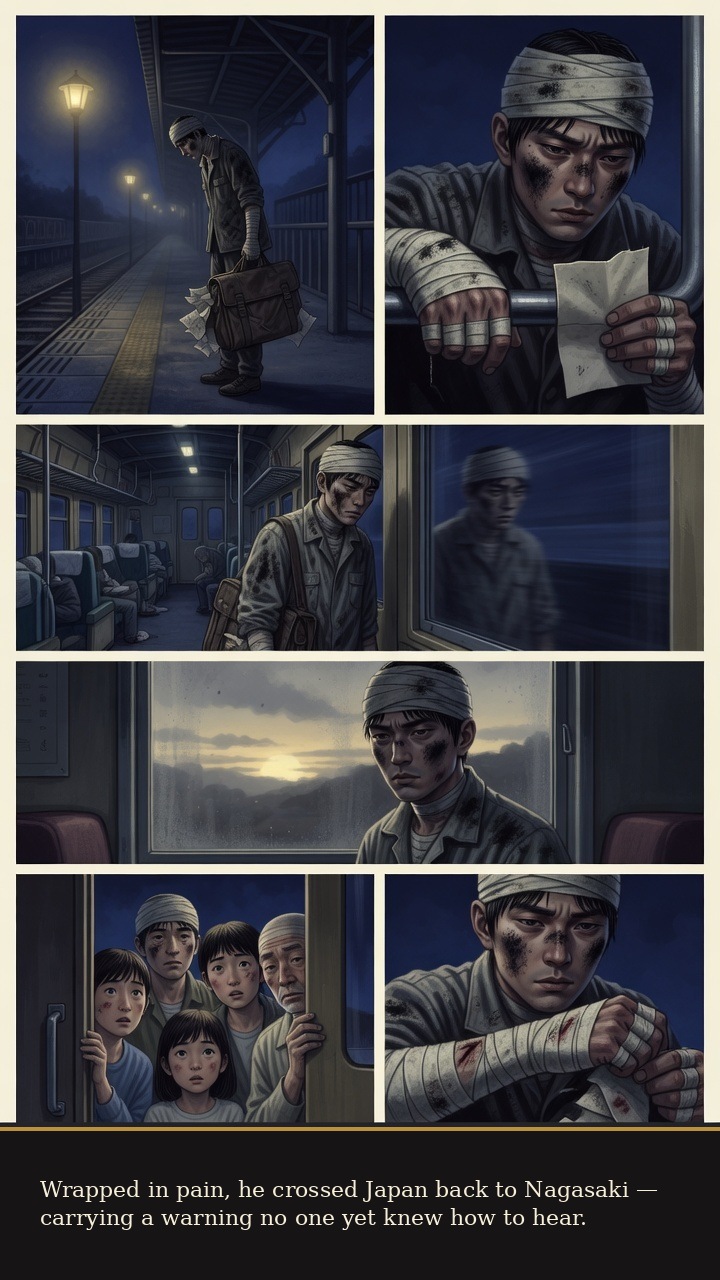 Page 3 of Tsutomu Yamaguchi: Tsutomu Yamaguchi: Double Light - He travels home to Nagasaki carrying a warning in his body.