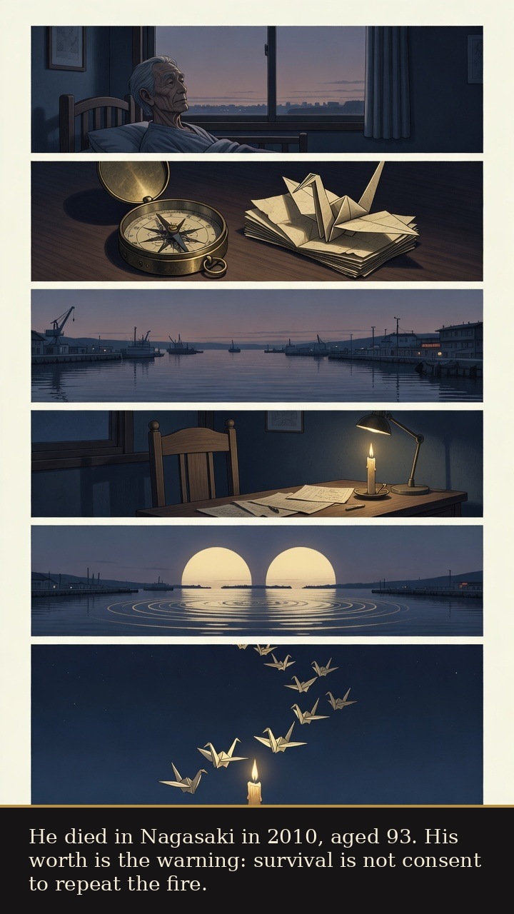 Page 7 of Tsutomu Yamaguchi: Tsutomu Yamaguchi: Double Light - He dies in 2010, leaving survival as warning rather than permission.