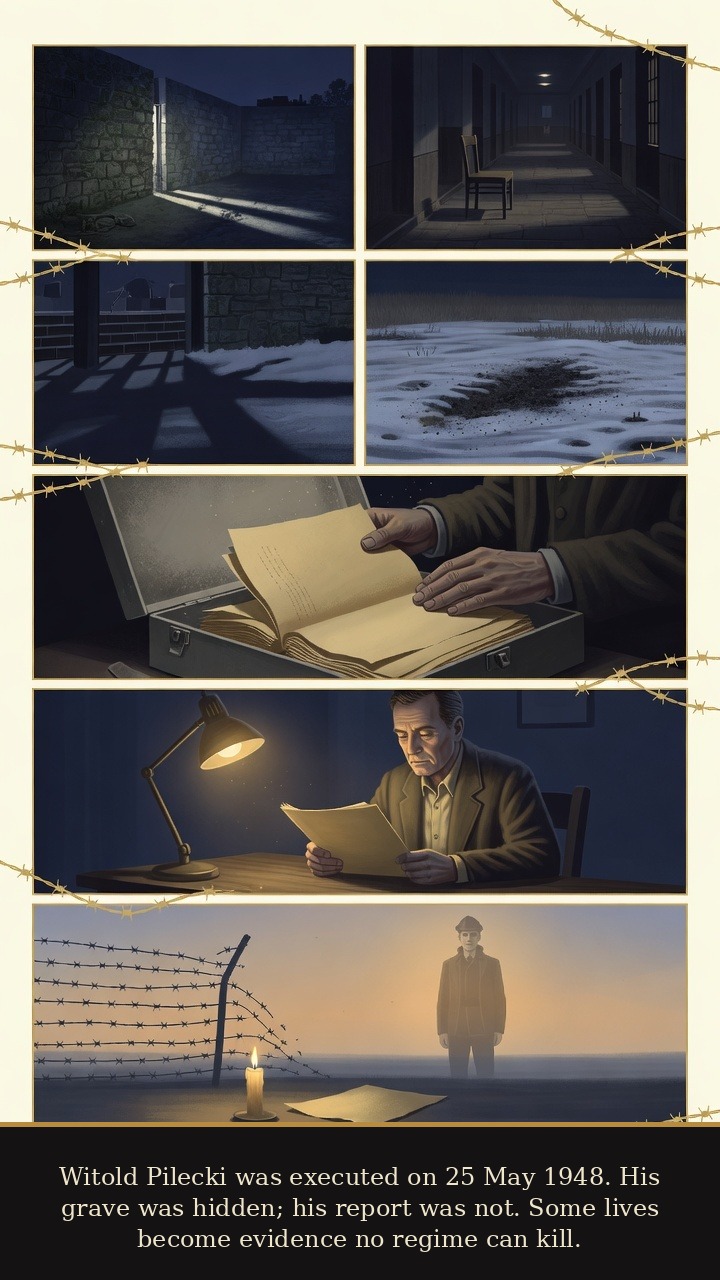 Page 7 of Witold Pilecki: Witold Pilecki: The Auschwitz Report - Pilecki was executed on 25 May 1948; his grave was hidden, but his report was not.